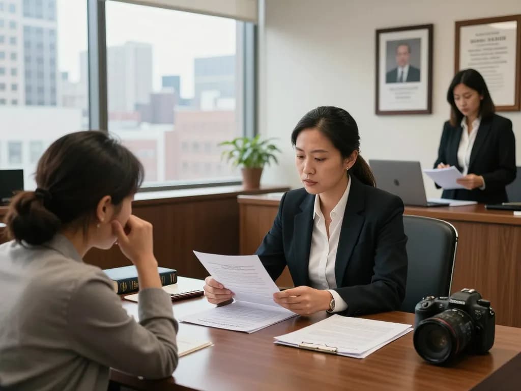 New York City Personal Injury Lawyer consulting with a client in a professional office.