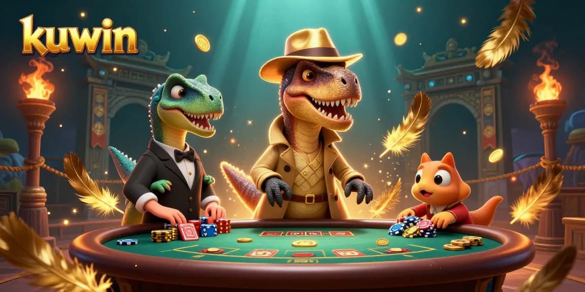 Kuwin's thrilling scene showcasing a velociraptor counter, suspicious stegosaurus boss, and a sneaky compy at a lively casino table.