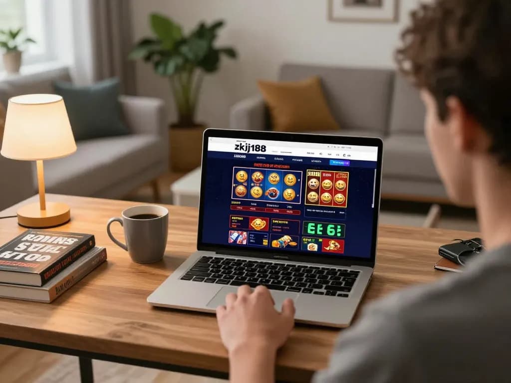 Player engaging with the zkjj188 casino website on a laptop in a cozy home setting.