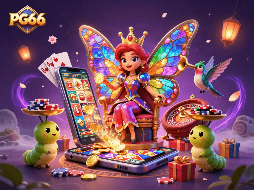 Experience PG66 with vibrant slot games and animated casino elements in a whimsical 3D scene.