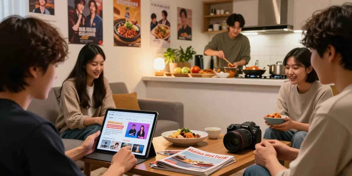 Cultural exchange at home with friends enjoying content from https://hanadultalk.com, reading about Asian culture while cooking together.