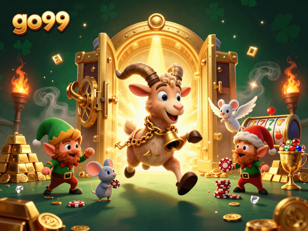Bet on exciting encounters with go99's festive casino scene featuring Krampus, an angel mouse, and mischievous elf gremlins.