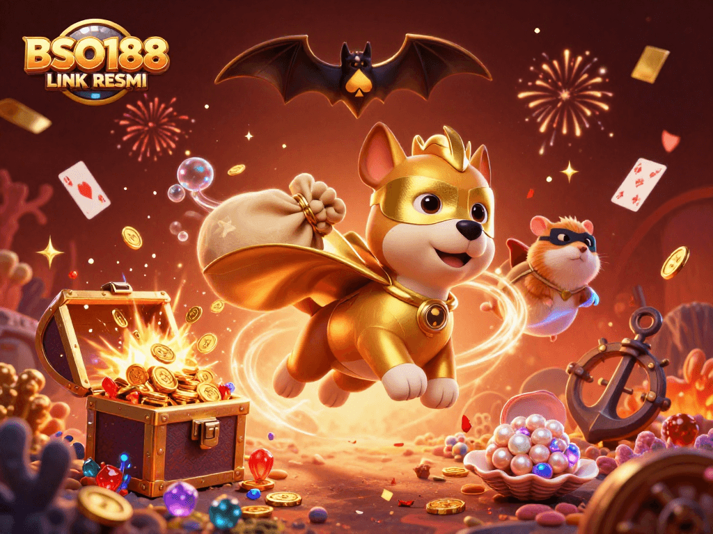 BSO188 LINK RESMI showcases a dynamic scene with a superhero dog and hamster among confetti and poker chip symbols.