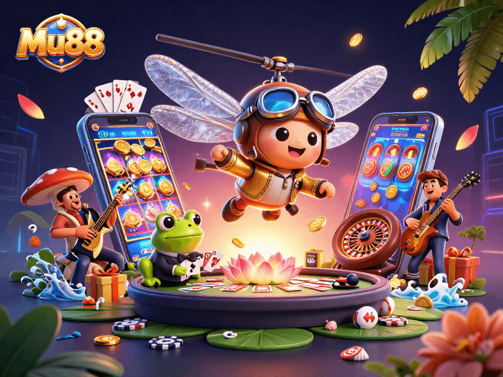 Experience Mu88’s vibrant gaming scene with a 3D illustration showcasing a lively casino environment.