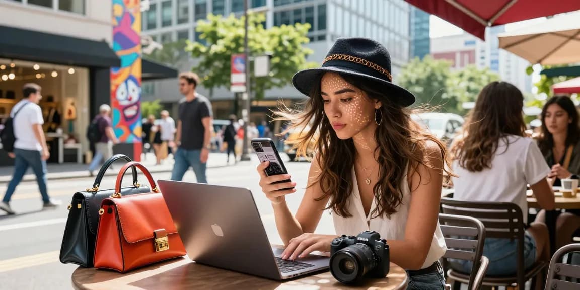 Young woman exploring 레플리카 사이트 at an outdoor café in the city.