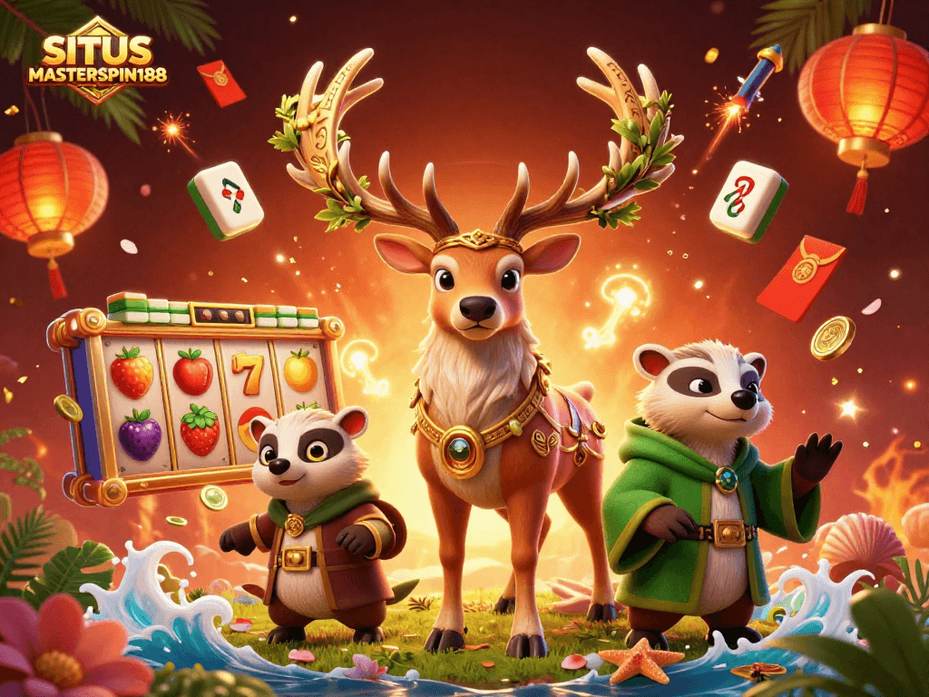 SITUS MASTERSPIN188 showcases an exciting casino scene with druid stag, badger, and vibrant slot elements.