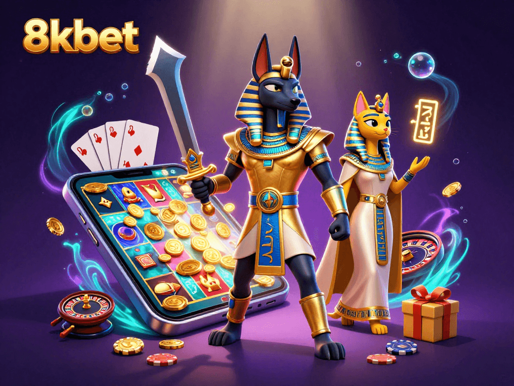 Experience the thrill of 8xbet with Anubis and Bastet amidst vibrant casino elements.