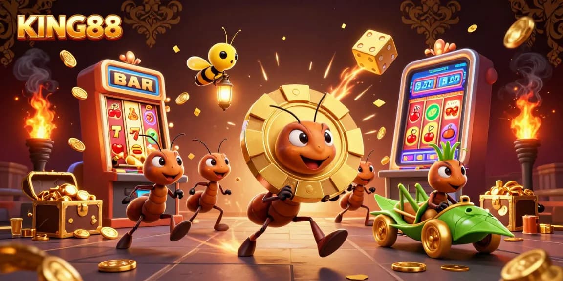 Experience the thrill of winning at KING88 with playful ants carrying a giant poker chip amidst casino excitement.