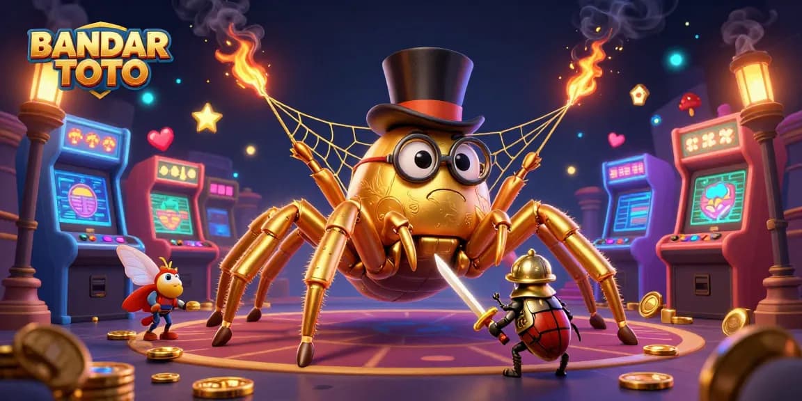 BANDAR TOTO creates excitement as the brave beetle knight approaches golden threads in a fantastical casino.