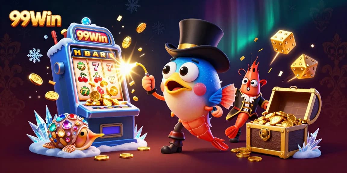 Experience casino excitement with 99Win's vibrant 3D illustration of jackpot wins and thrilling games.