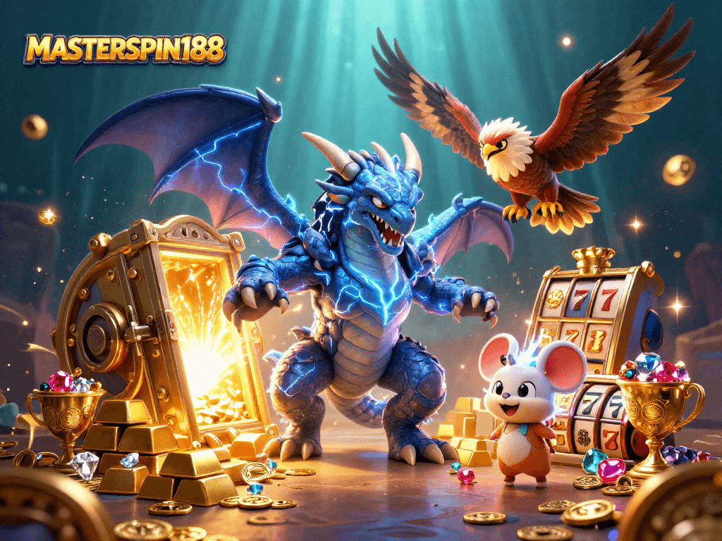 Engage with MASTERSPIN188's thrilling world of slots featuring dynamic 3D characters and gold treasures.