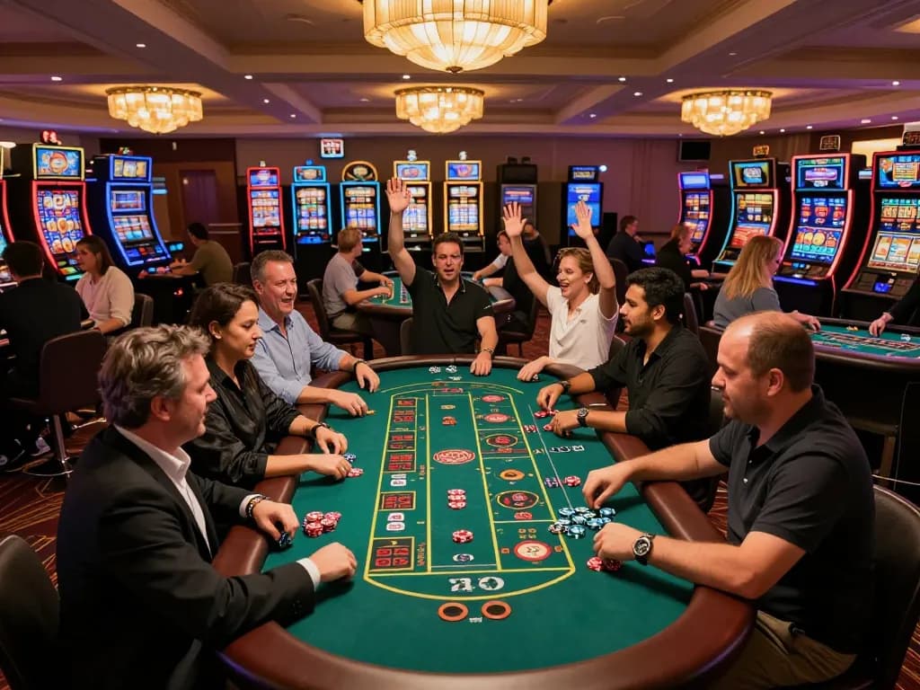 Players enjoying exciting roulette and blackjack games at TA88 casino floor, showcasing lively gambling atmosphere.