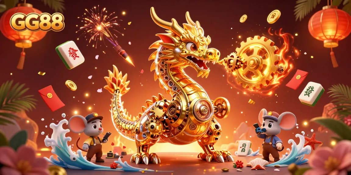 Experience thrilling moments at GG88 with a golden dragon breathing gears and cogs in a vibrant casino scene.