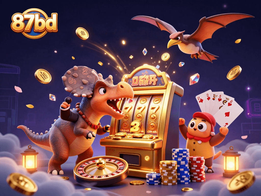 Win big at 87bd with exciting slot machines and golden coin action in this dynamic casino scene.