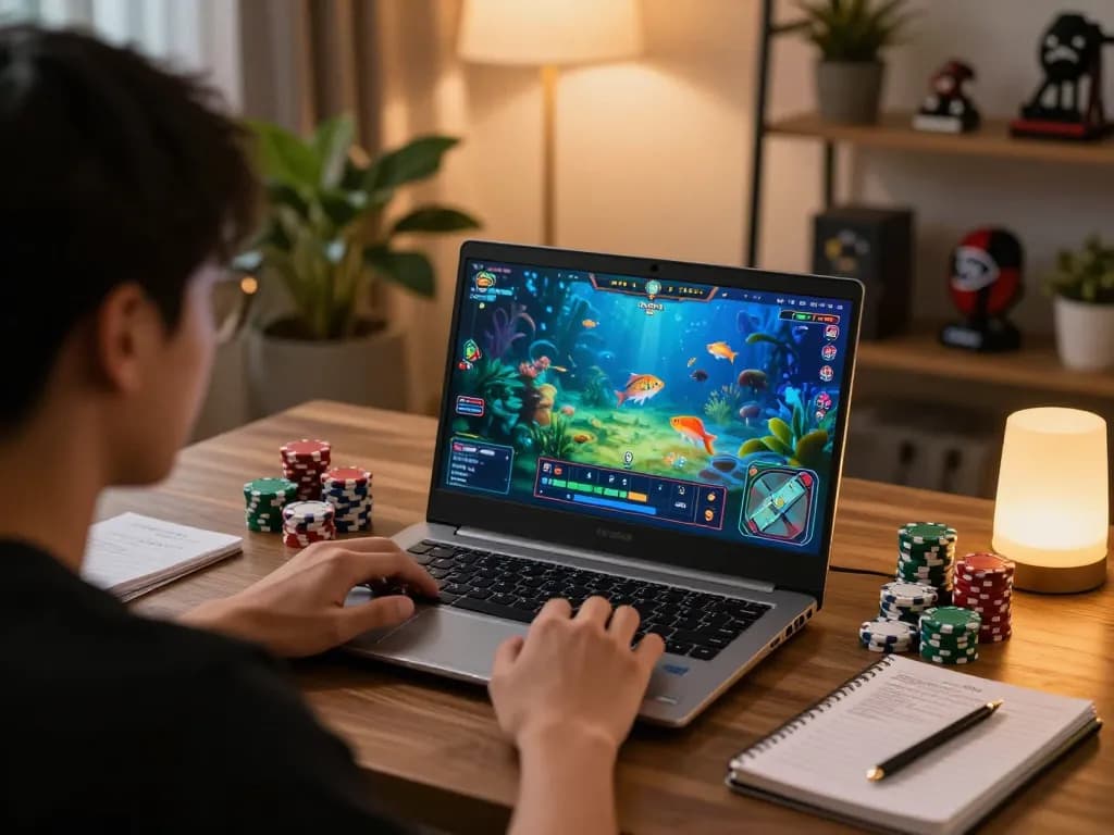 Engaging in game bắn cá đổi thưởng on a laptop, showcasing colorful fish graphics and strategic gambling notes.