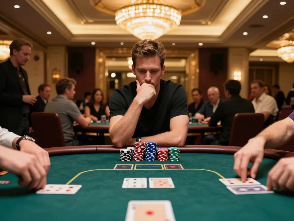 Pemain terlibat secara strategis di meja poker empire99 dalam suasana kasino mewah, menekankan kegembiraan.
