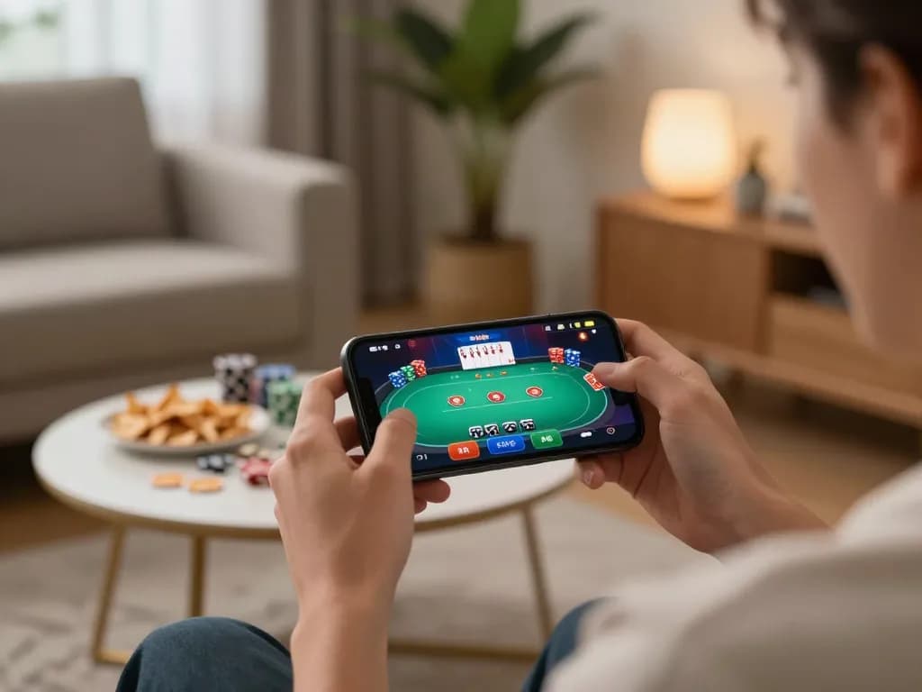 Engaged user playing poker on 58win mobile app in a cozy living room setting.
