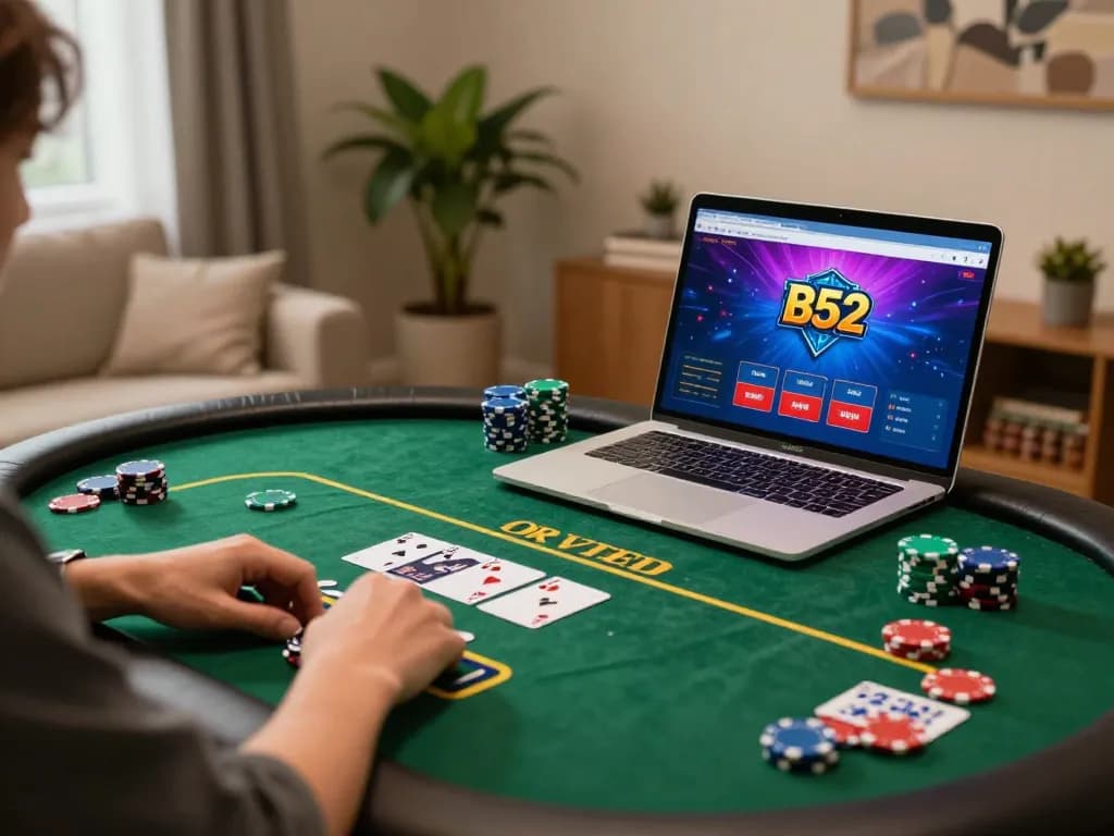 B52 Club player engaged in online poker at home, showing excitement and strategy.