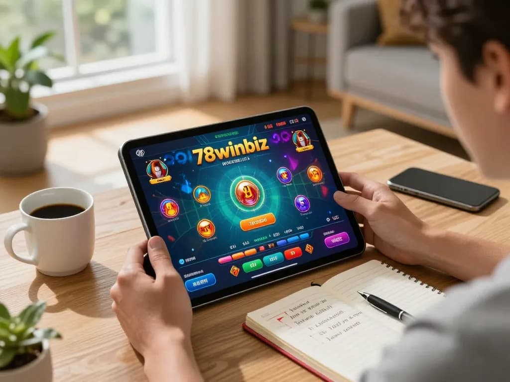 Experience the excitement of 78winbiz with mobile gaming featuring vibrant graphics and a cozy setup.