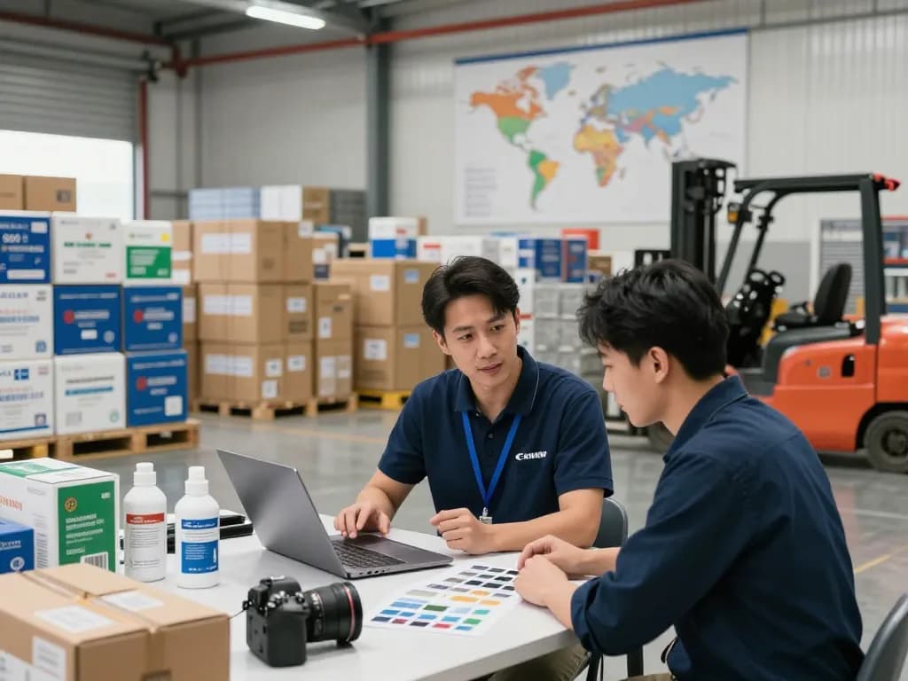 Chemical exporter from Malaysia engaged in shipment discussions at a dynamic distribution hub, showcasing efficient logistics.