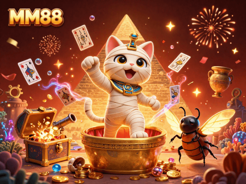 Experience exhilarating gaming at MM88 with a cartoon Egyptian mummy cat and treasures in a vibrant casino.