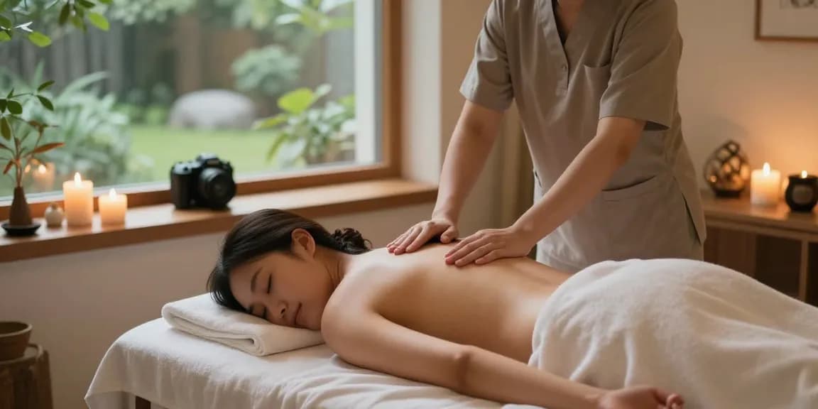 Relaxing massage therapy session in a serene spa environment, featuring essential oils and calming ambiance, perfect for 성남출장마사지.