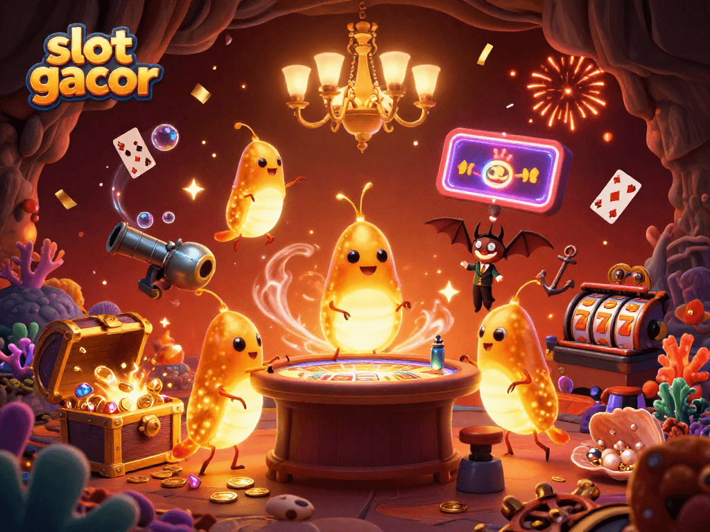 Menangkan slot gacor dengan ilustrasi kasino bawah tanah yang dipenuhi harta dan karakter menyala.