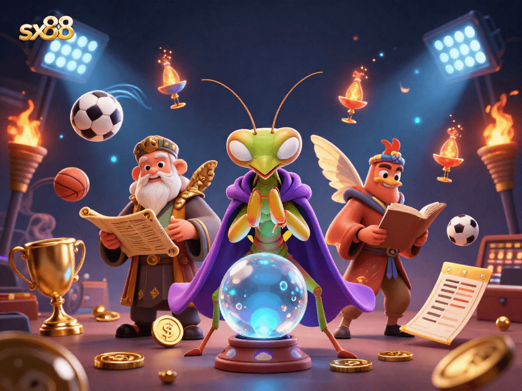 Sx88 players strategizing and winning with a vibrant casino scene featuring dynamic sports elements and fortune teller characters.