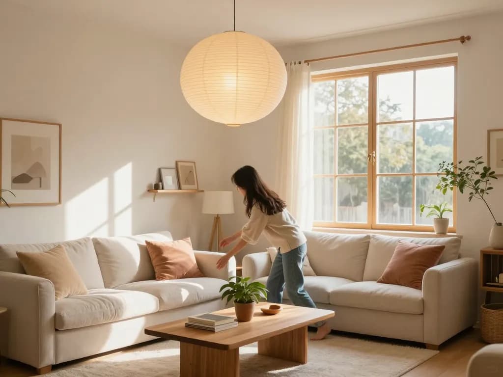 Hermosas linternas de papel realzan la decoración acogedora de la sala de estar, creando una atmósfera invitadora.