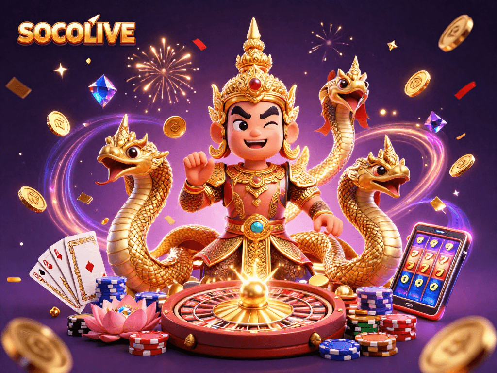 Engage with SOCOLIVE's vibrant gaming world featuring 3D guardian, coins, and roulette.