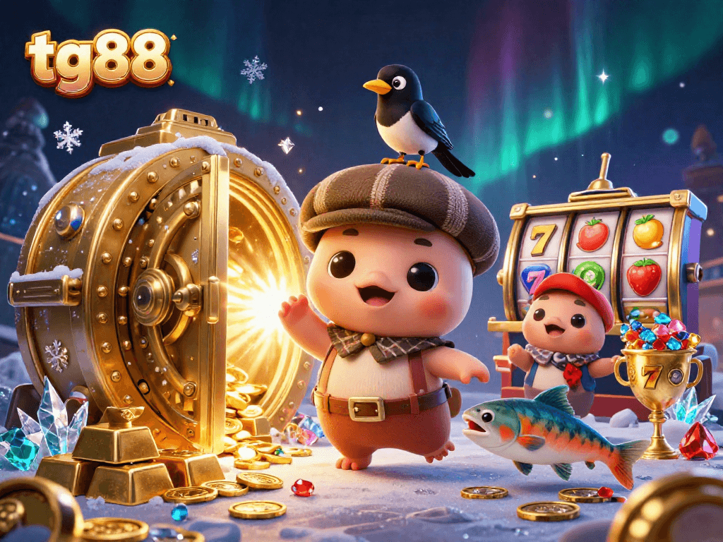 Engage with tg88's vibrant casino scene featuring baby Nessie, gold treasures, and lively slot symbols.