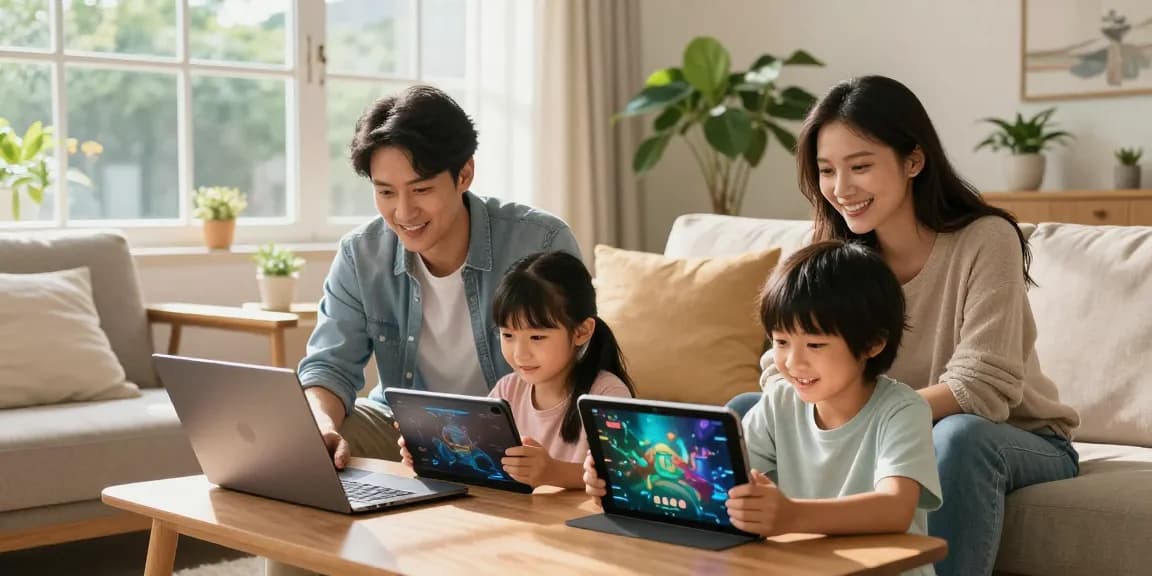 La familia disfruta de etb internet hogar Medellín mientras trabaja y juega en casa.