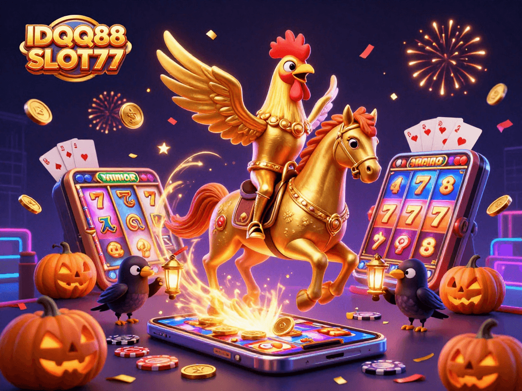 IDQQ88 SLOT77 offers exciting slot adventures with a golden rooster in a vibrant casino scene.