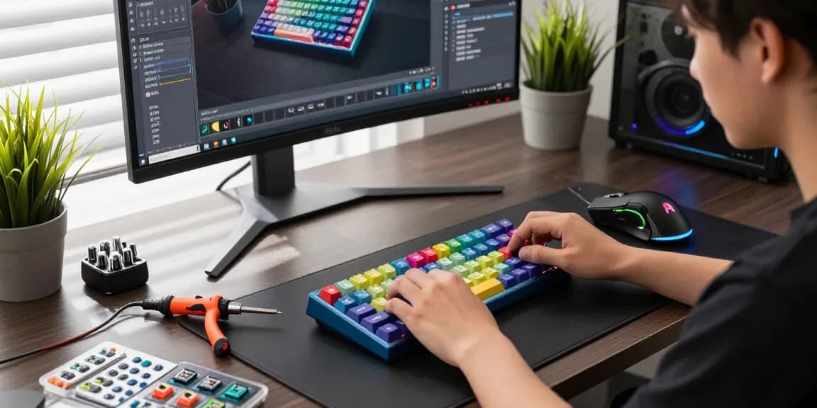 Enthusiast assembling MCHOSE custom mechanical keyboard kit with colorful keycaps and switches.