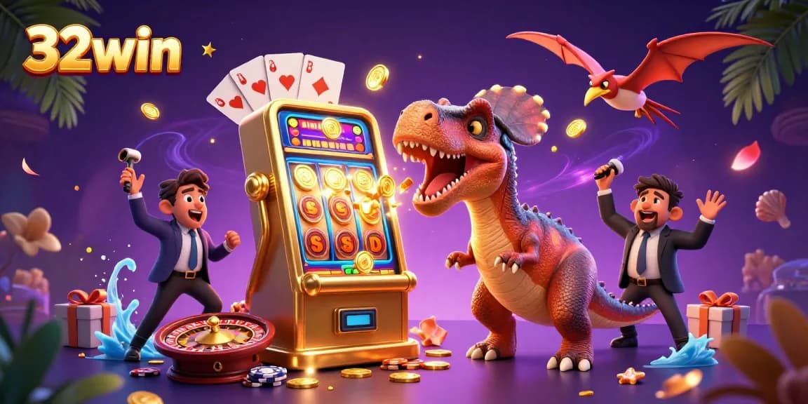 32win pachycephalosaurus plays a golden slot machine with coins raining down in an exciting casino scene