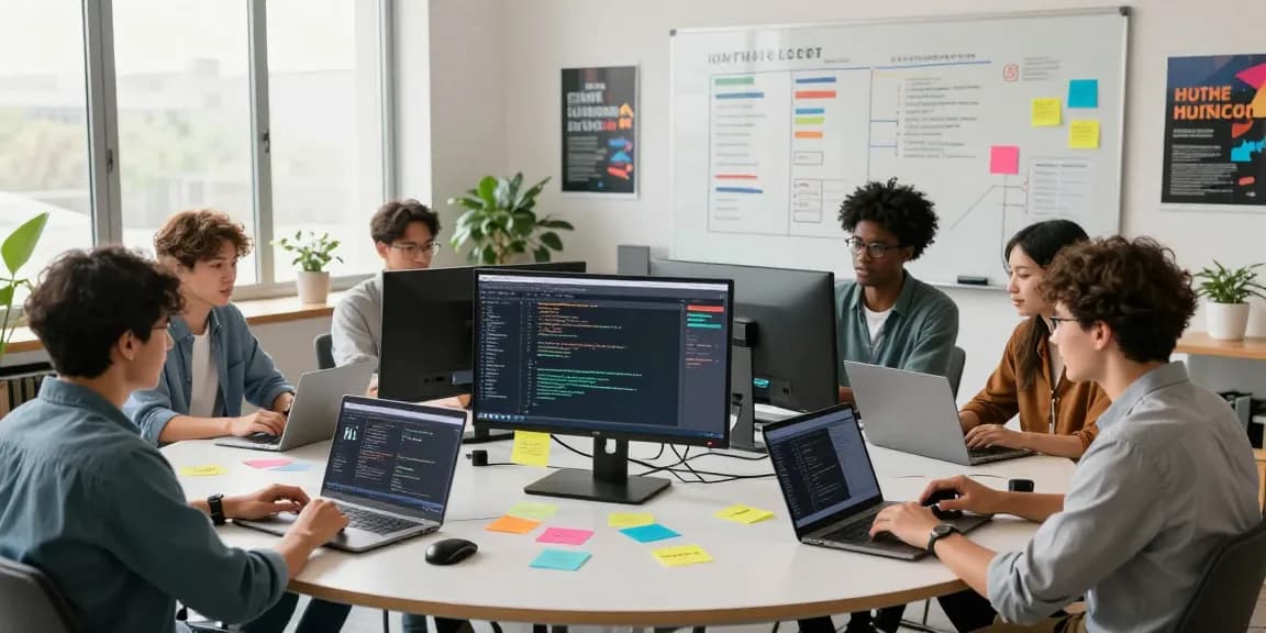 Team collaboration at a digital workspace showcasing innovative development techniques on miraviglp.com.