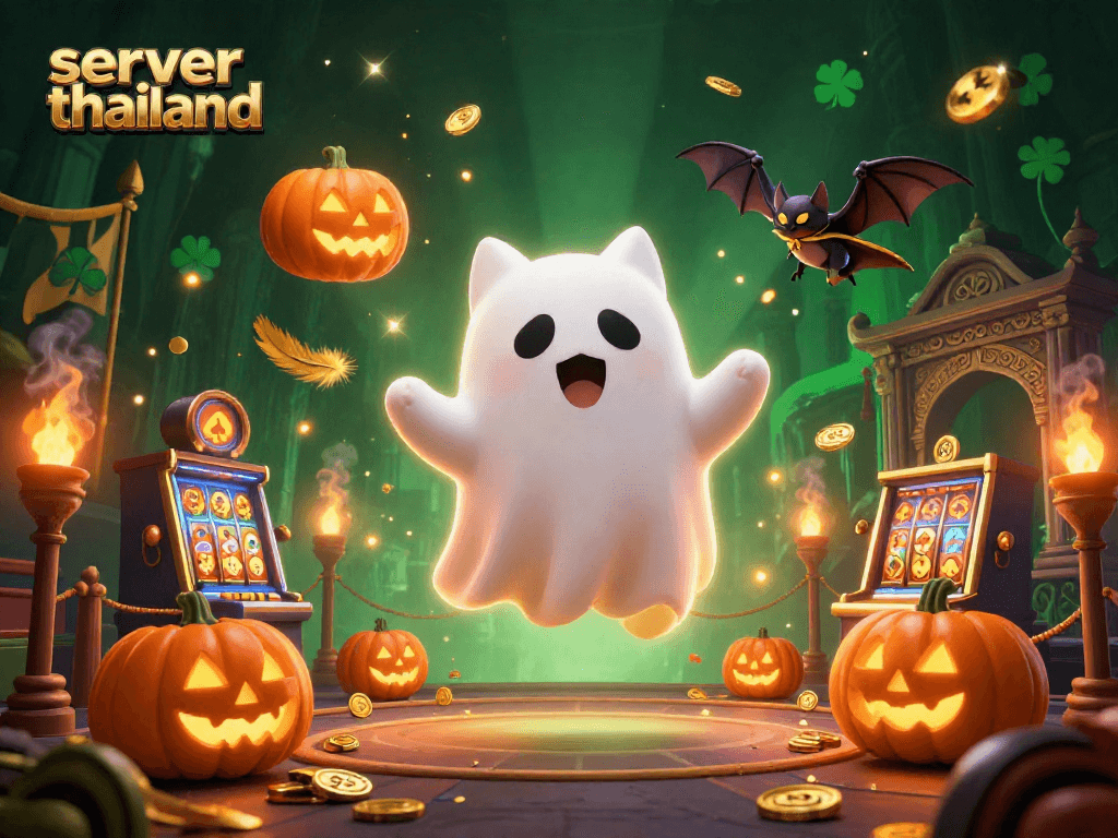 Experience thrilling gameplay with a ghost cat and bat in a haunted casino, server thailand.