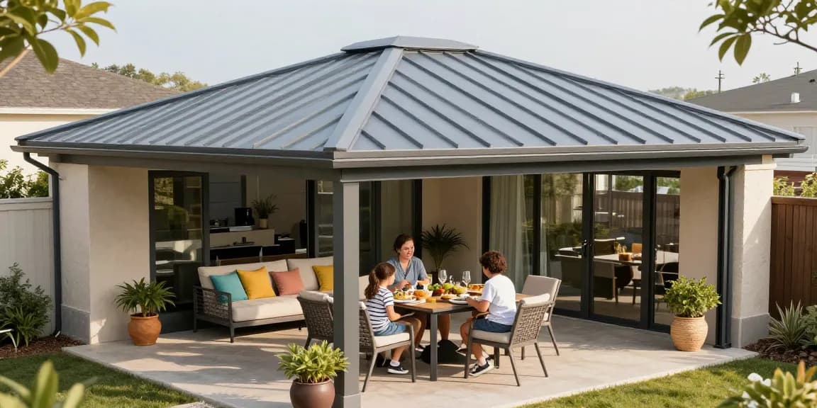 Terrassenüberdachungen in einem einladenden Außenbereich mit Familienessen und modernem Möbeldesign.