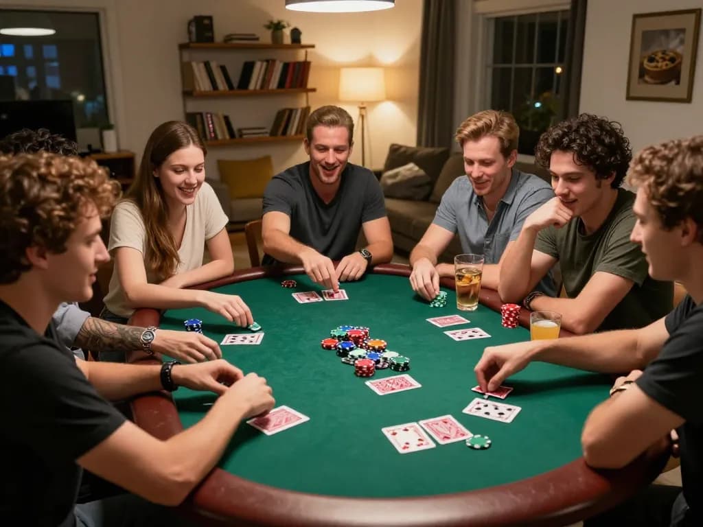 Friends playing poker at home with f168 branding visible in the game setup, showcasing the excitement of strategic gameplay