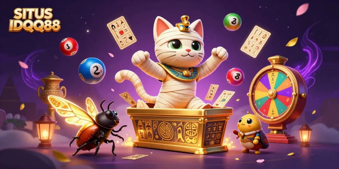 SITUS IDQQ88 depicts an Egyptian mummy cat and scarab beetle amidst lottery elements in a pyramid casino