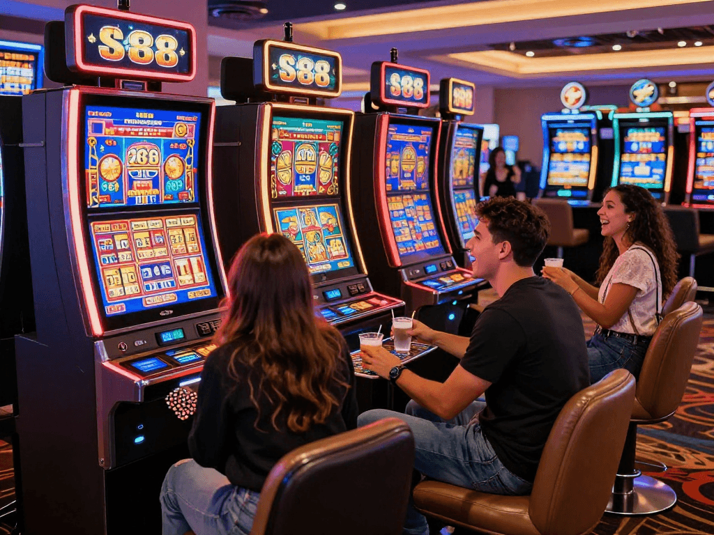 Friends enjoying a lively slot88 gaming experience at a stylish casino.