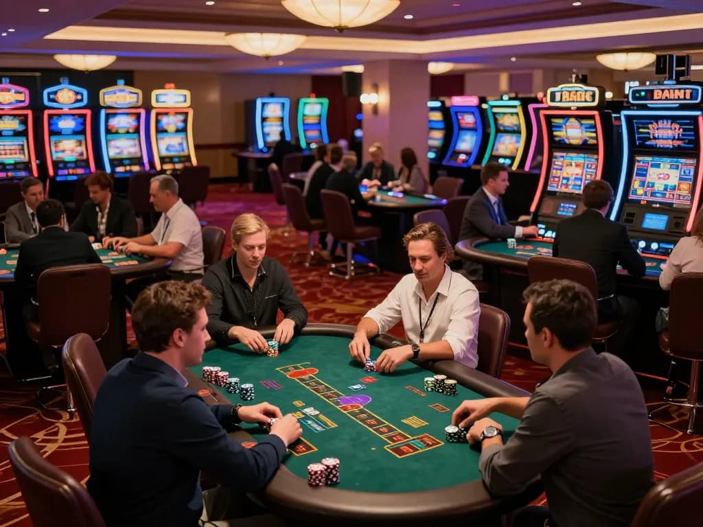 Players engaging at https://www.mnm88.com/ blackjack tables in a vibrant casino atmosphere