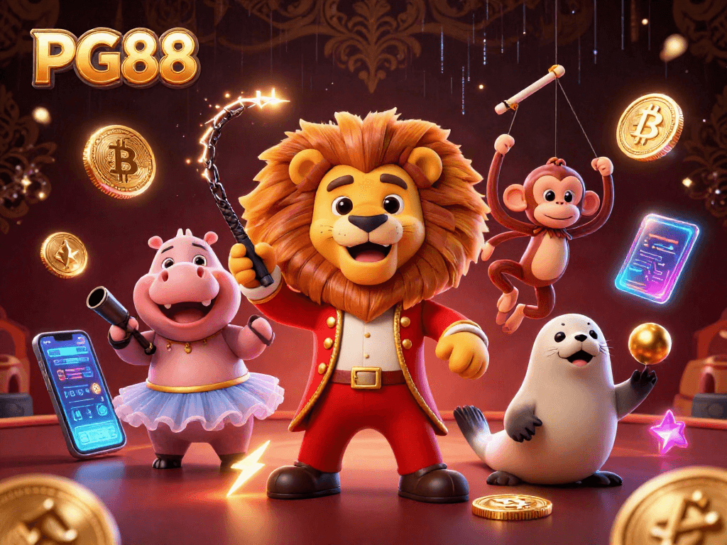 Engage with PG88's vibrant circus-themed illustration of crypto gaming fun with dynamic characters.