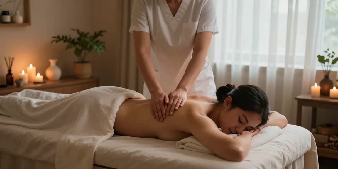 Massage therapist providing a soothing 마사지 experience in a serene spa atmosphere.