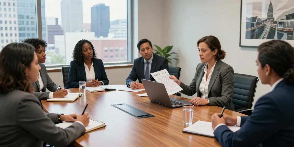Philadelphia Employment Lawyer presenting case documents to clients in a professional law firm conference room.