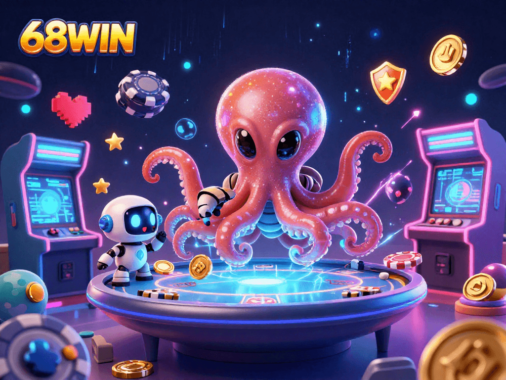 Engage in the colorful universe of 68WIN with an alien octopus at a holographic poker table amidst exciting casino elements.