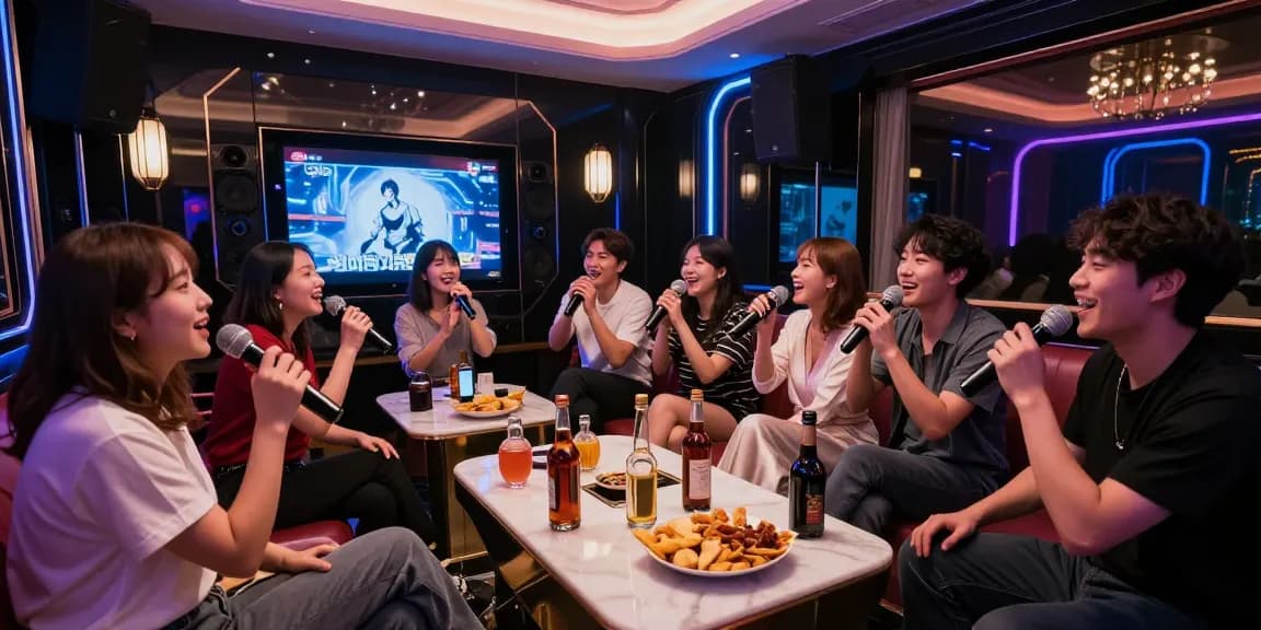Experience the vibrant atmosphere at 강남가라오케 with friends enjoying premium services and entertainment.