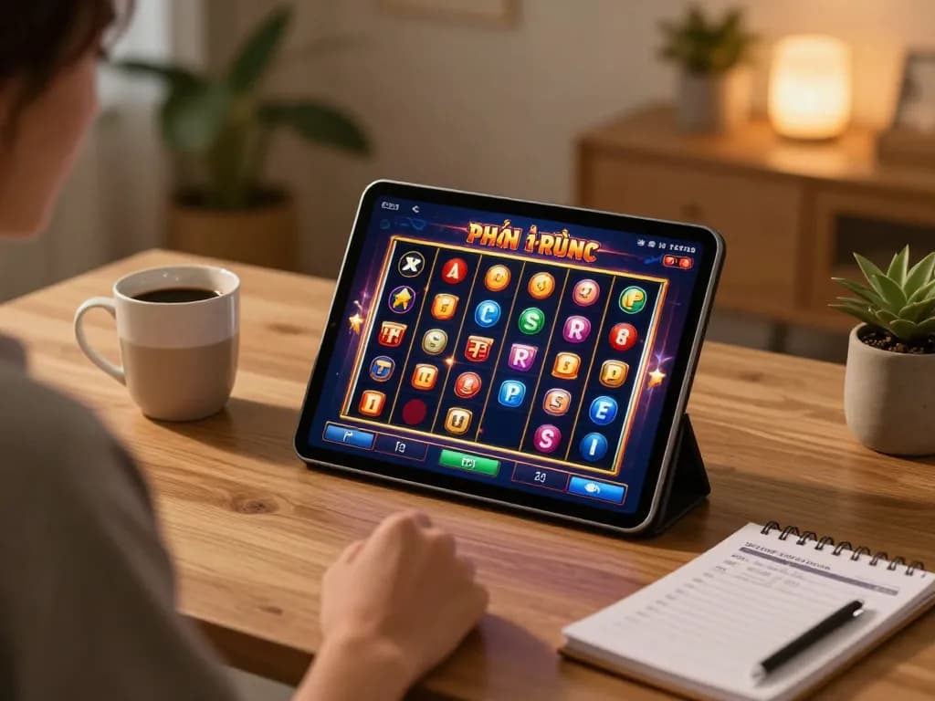 Engaging in game đổi thưởng while spinning vibrant slot reels on a tablet at home.