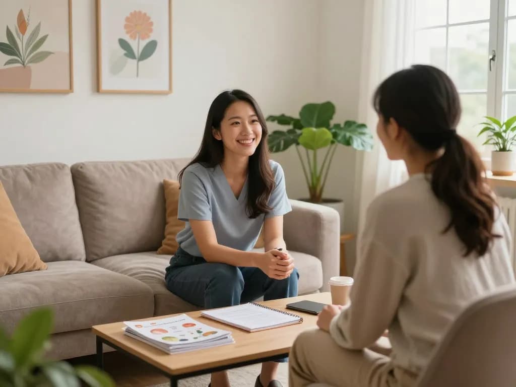 Therapy session with a focus on 抑鬱症, showcasing a mental health professional and patient sharing a moment of understanding.