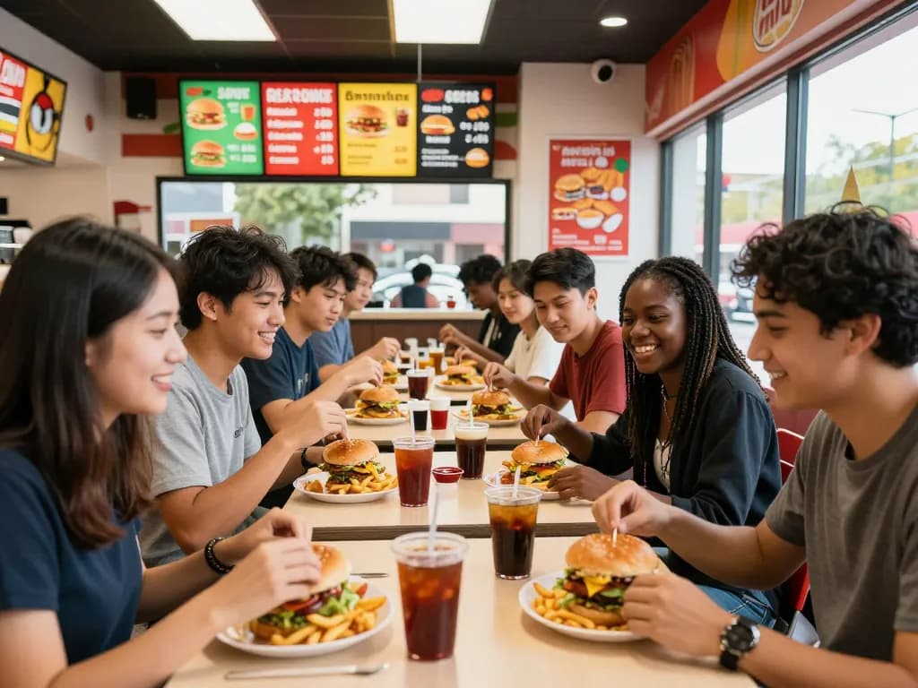 Friends enjoying meals at a fast food restaurant, highlighting fast food prices and vibrant atmosphere